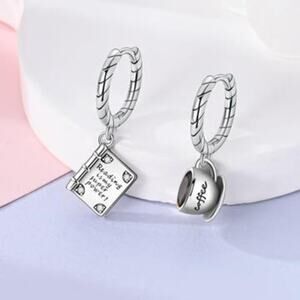 925 Sterling Silver Coffee and Book Drop Dangle Earrings Fashion Hoop Jewelry